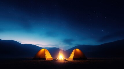 Cozy campfire gathering under a starry sky wilderness camping scene warm light wide angle view nature embrace