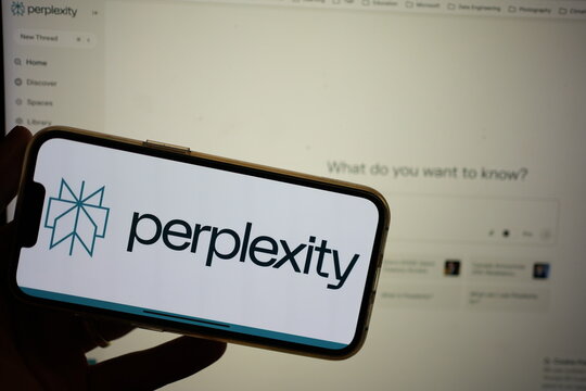 Roosendaal, The Netherlands - February 2, 2025: A mobile phone screen displaying the logo of Perplexity AI, a conversational AI search engine, with the company website in the background.