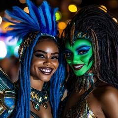 Obraz premium People in colorful costumes, masks, and feathered accessories dance energetically in the streets during the Mardi Gras celebration.In the background, decorated floats, banners, and festive lights.