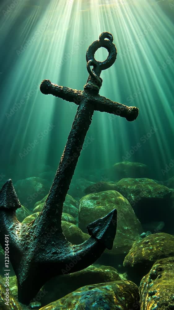 Poster Underwater view of a rusty anchor resting on a rocky seabed illuminated by sunlight