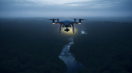 Fototapeta premium Drone aerial view river jungle twilight