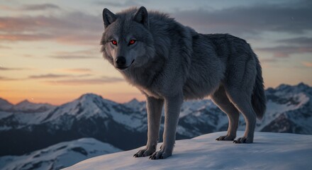Obraz premium Majestic White Wolf at Sunset in Snowy Mountains