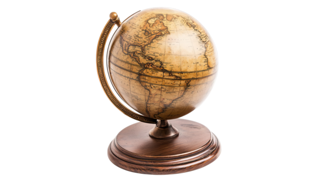 PNG of An antique globe with a vintage design, showcasing detailed map lines and a rich wooden base. white or transparent Bg