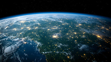 Fototapeta premium Earth at night, city lights, space view, global network, environmental studies