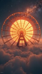 Surreal Ferris Wheel Against Cosmic Sunset over Cloudy Sky