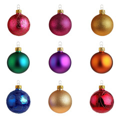 Vibrant assorted christmas ornaments set on transparent background png isolated