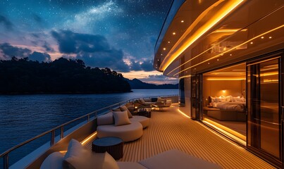 Fototapeta premium Luxury Yacht Deck at Twilight with Starry Sky and Cozy Bedroom View, Tranquil Water