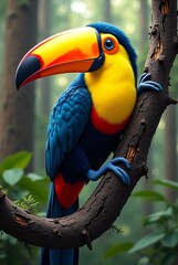 Obraz premium Colorful Toucan Perched on a Tree Branch in Lush Green Forest