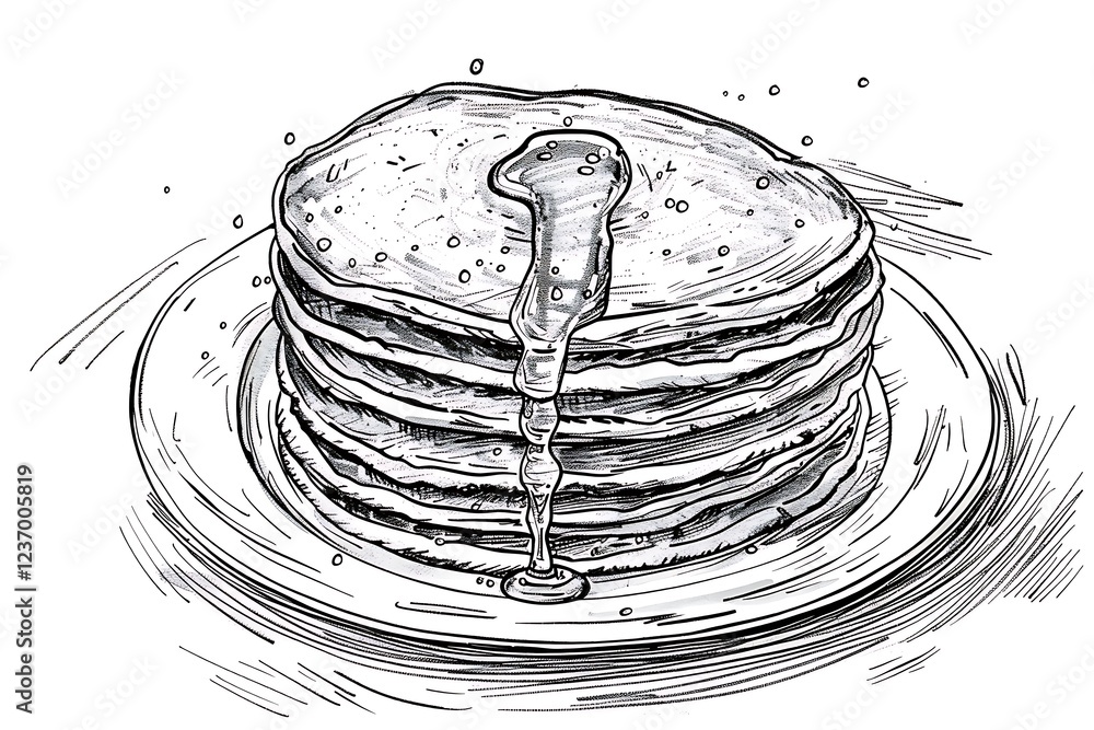 Poster a sketch of a stack of pancakes with syrup dripping down in black and white, focusing on simple outl