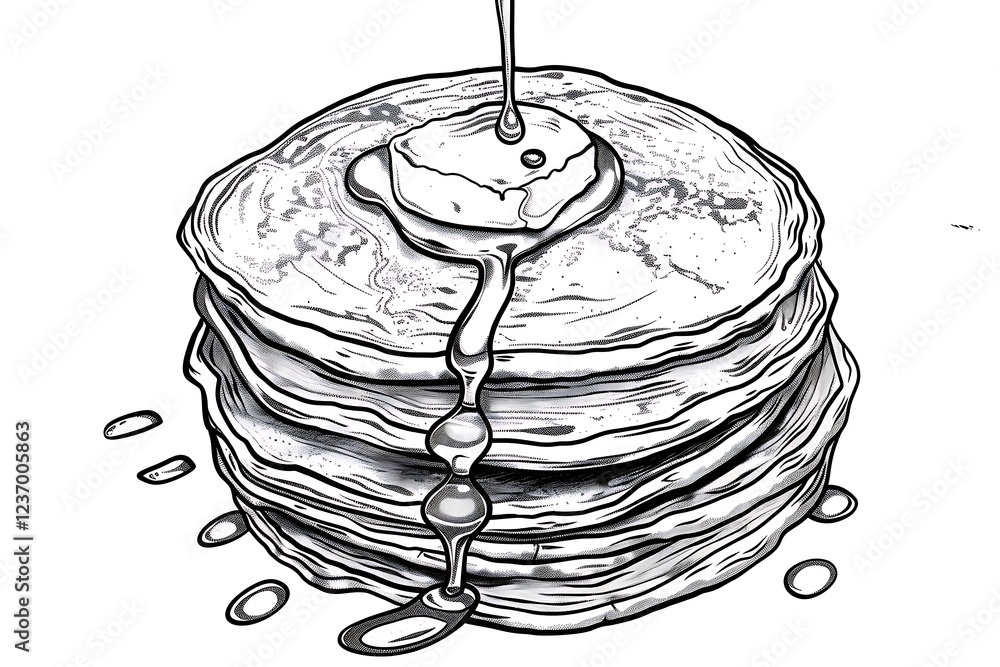 Poster a sketch of a stack of pancakes with syrup dripping down in black and white, focusing on simple outl