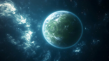 Obraz premium Earth-like planet, space exploration, nebula background, cosmic scene, science fiction