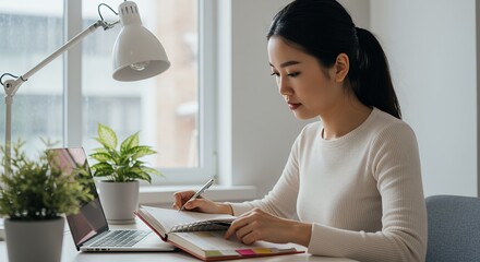 Woman Writing in Notebook at Desk Near Laptop