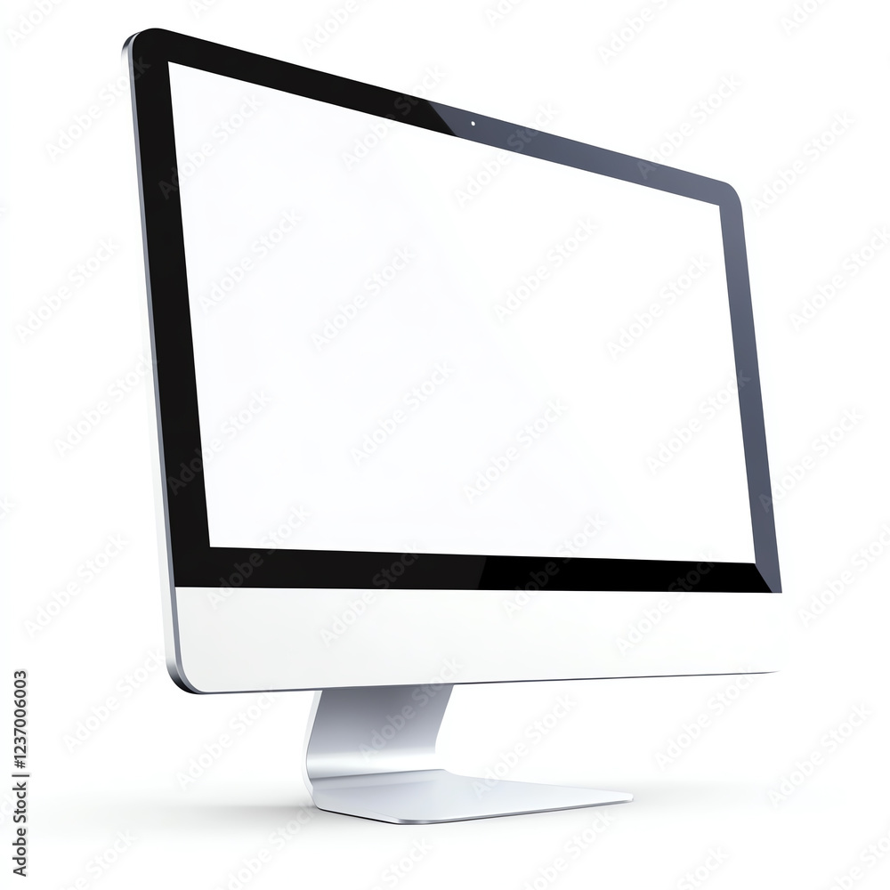 Poster a sleek, modern desktop computer featuring a large, empty screen on a stylish stand, perfect for sho