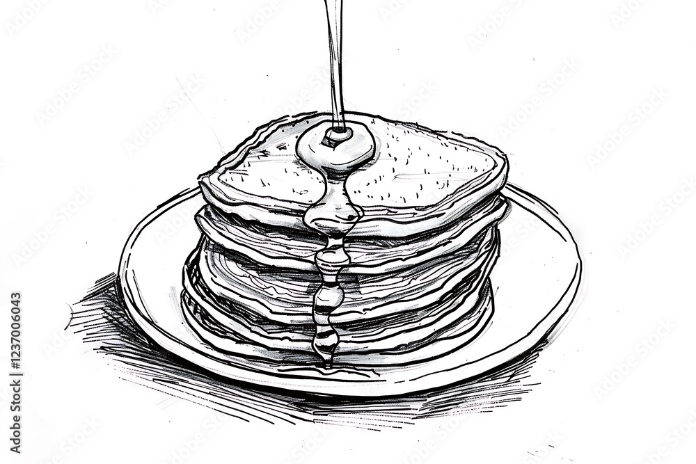 Poster a sketch of a stack of pancakes with syrup dripping down in black and white, focusing on simple outl