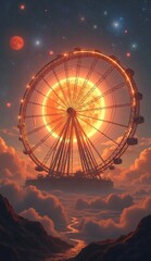 Enchanted Ferris Wheel Surrounded by Celestial Bodies and Clouds