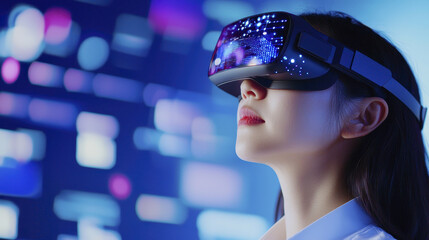 Immersive virtual reality experience with woman wearing VR headset, exploring digital worlds