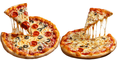 top view of 2 pizzas with one slice up high isolated over transparent (white) background