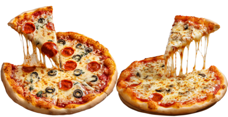 top view of 2 pizzas with one slice up high isolated over transparent (white) background