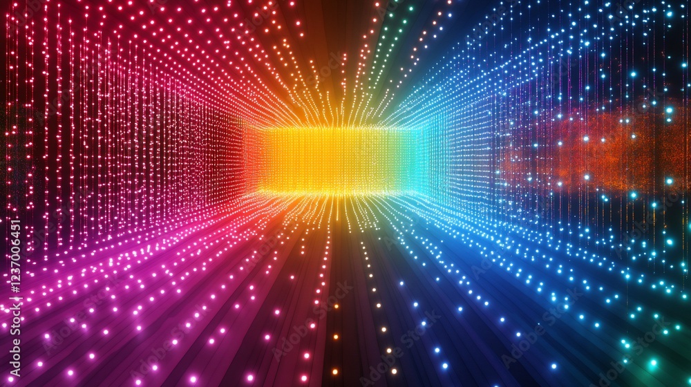 Poster rainbow tunnel of lights: a digital 3d rendering of a colorful, illuminated passageway