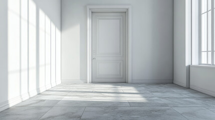 Empty white room with door and stone floor 3d illustration render