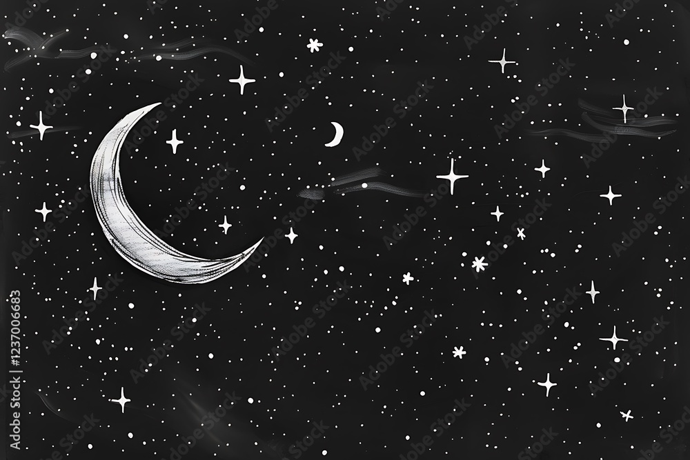 Poster a celestial scene with stars and a crescent moon using black outlines only, without adding any color