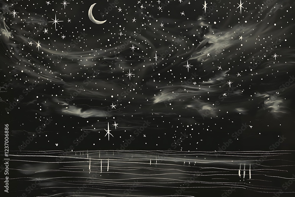 Poster a celestial scene with stars and a crescent moon using black outlines only, without adding any color