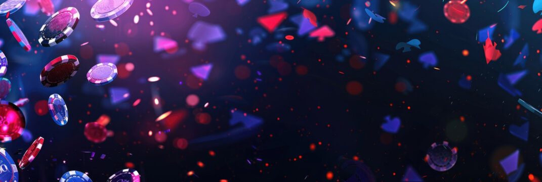 falling colorful poker chips, gambling, horizontal banner for casino, shining bright abstract black blue purple  Violet background, glitter and radiance, copy space, free space for text