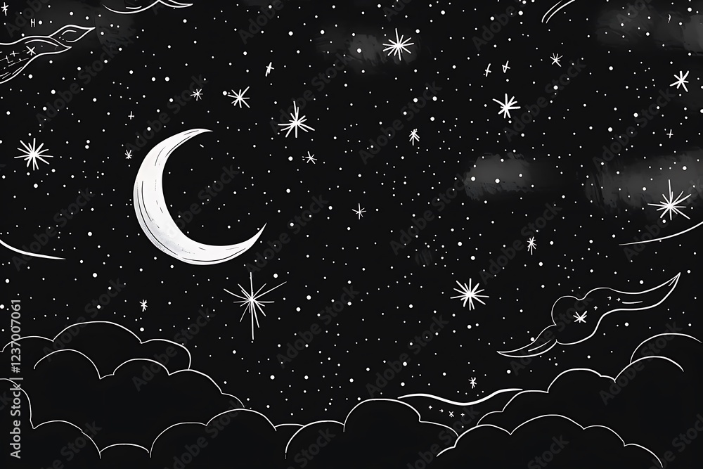 Poster a celestial scene with stars and a crescent moon using black outlines only, without adding any color