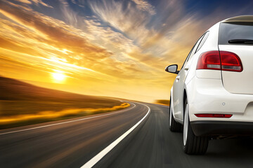 White car on a scenic road. Car on the road surrounded by a magnificent natural landscape.

