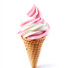 A delicious swirl of pink and white soft serve ice cream served in a crispy waffle cone. Perfect for summer treats and satisfying sweet cravings.