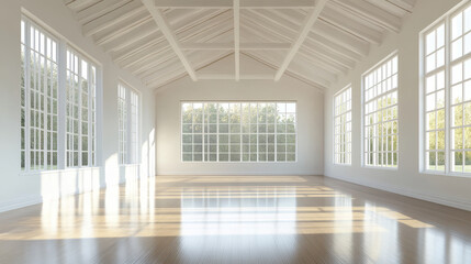 Obraz premium Big white bright loft room architecture render 3d illustration with shiny wooden floor and white textured walls day light high key lighting