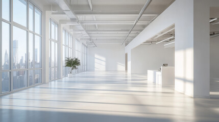 Fototapeta premium Empty white business office space room loft interior 3d rendering illustration sunny lighting with empty blank copyspace to add your content