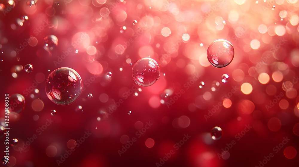 Poster bubbles floating in a red liquid with shimmering highlights in a vibrant background