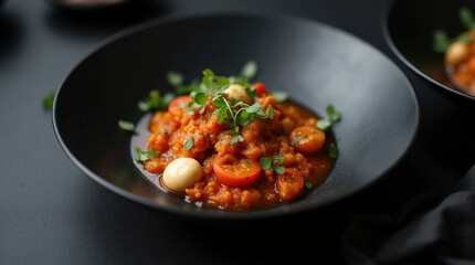 Fototapeta premium Gourmet rich and creamy stew with roasted vegetables artfully plated