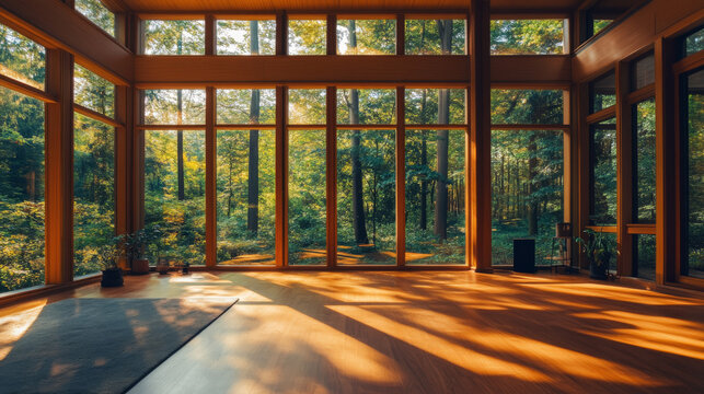 empty lofty room in the forest with big windows and bright day lighting 3d render illustration