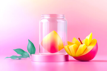 transparent plastic can in dimensions of 0,33 ml can sitting on short cylindrical pedestal, apple mango fruits, apple mango leaves, cuted opened apple mango, pink, photoreal