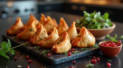 Sambusas on a platter showcasing a fusion of flavors and fresh greens