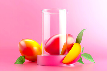 transparent plastic can in dimensions of 0,33 ml can sitting on short cylindrical pedestal, apple mango fruits, apple mango leaves, cuted opened apple mango, pink, photoreal