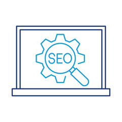 SEO Optimization – Laptop with SEO Settings Icon Representing Website Search Engine Optimization and Ranking Improvements