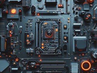 Fototapeta premium Futuristic electronic mech showcase technical studio digital art high-tech environment