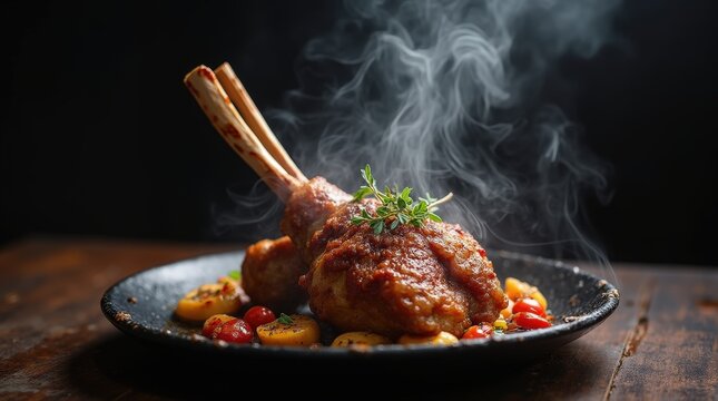 Rostit Andorran roast lamb served on sizzling plate with smoky presentation