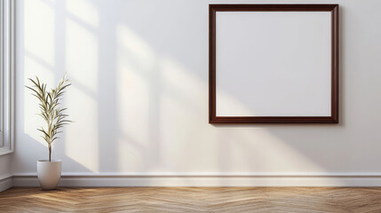 Fototapeta premium wooden picture frame to add your content on a white wall background 3d illustration render with wooden floor