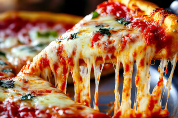 Up-close shot of a cheesy deep-dish pizza slice. 