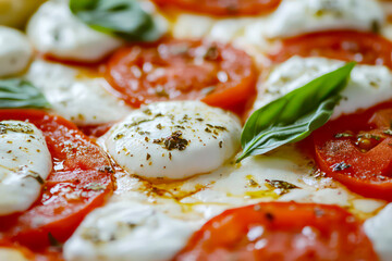 Up-close shot of a fresh mozzarella and tomato pizza. 