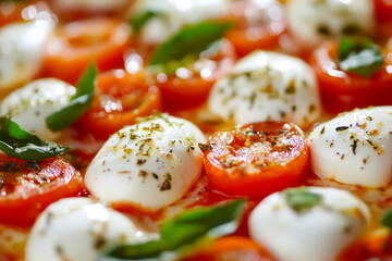 Up-close shot of a fresh mozzarella and tomato pizza. 