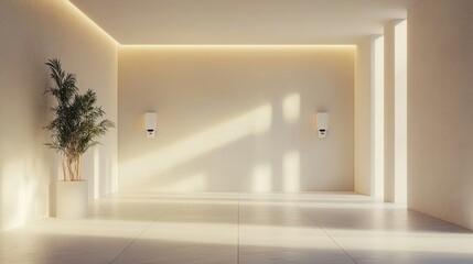 A 3D rendering of a white security camera installed on a clean, minimalist wall with soft lighting