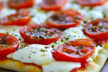Up-close shot of a fresh mozzarella and tomato pizza. 