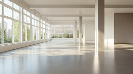 Obraz premium empty white room with windows with bright day lighting and central perspective 3d render illustration with modern classic minimalistic design architecture mock up template