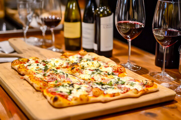 Upscale pizza tasting event with wine pairings. 