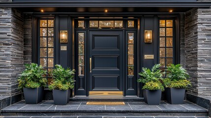 Elegant Black House Entrance with Gold Accents